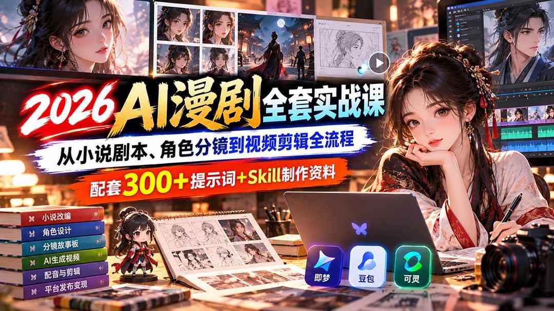 (20629期)2026AI漫剧全套实战课:从小说剧本、角色分镜到视频剪辑全流程,配套300+提示词+Skill制作资料-777网创网
