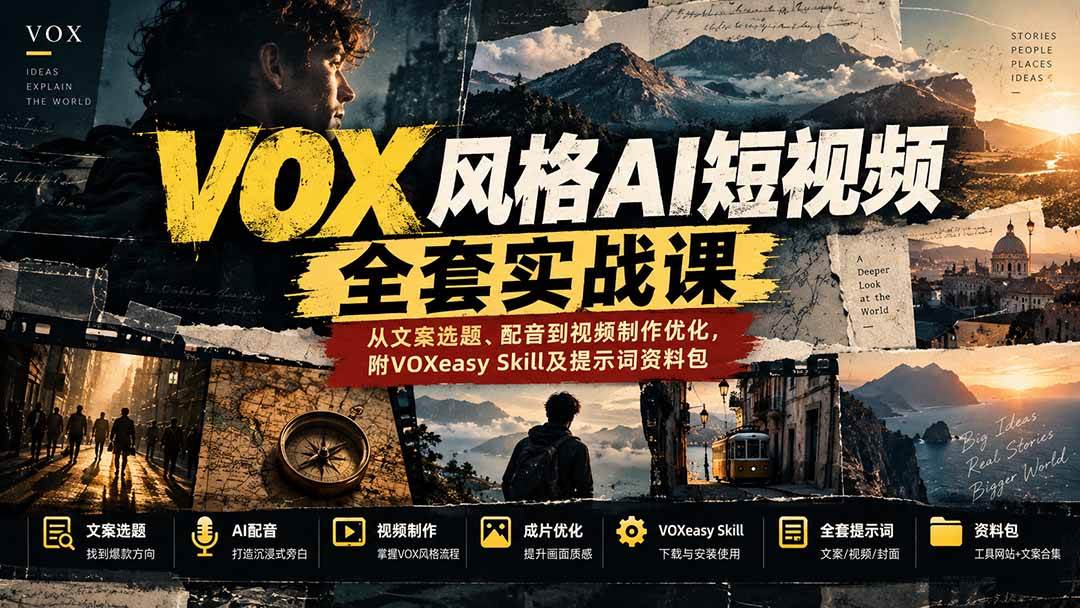 (20677期)【无水印】VOX风格AI短视频全套实战课:从文案选题、配音到视频制作优化,附VOXeasy Skill及提示词资料包-777网创网