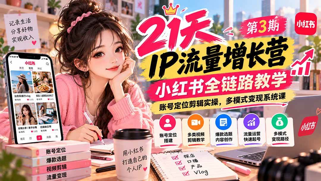 (20992期)【无水印】21天IP流量增长营-第3期,小红书全链路教学,账号定位剪辑实操,多模式变现系统课-777网创网