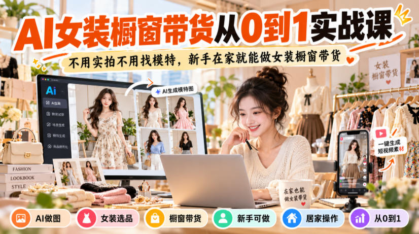 AI女装橱窗带货从0到1实战课,不用实拍不用找模特,新手在家就能做女装橱窗带货-777网创网