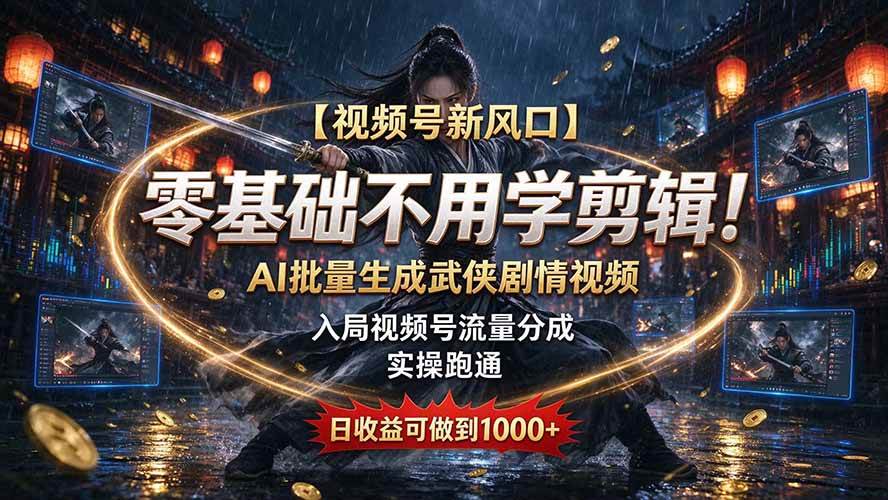 (20780期)【视频号新风口】零基础不用学剪辑!AI 批量生成武侠剧情视频,入局视频号流量分成,实操跑通,日收益可做到 1000+-777网创网