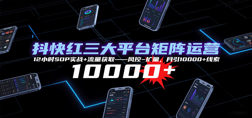 抖快红三大平台矩阵运营,12小时SOP实战+流量获取-风控-扩量,月引10000+线索-777网创网