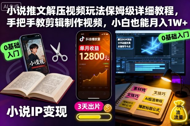 小说推文解压视频玩法保姆级详细教程,手把手教剪辑制作视频,小白也能月入1W+-777网创网