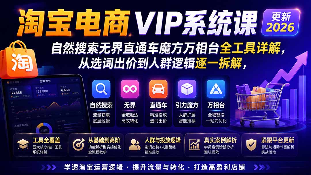 淘宝电商VIP系统课-更新8月；自然搜索无界直通车魔方万相台全工具详解，从选词出价到人群逻辑逐一拆解-777网创网