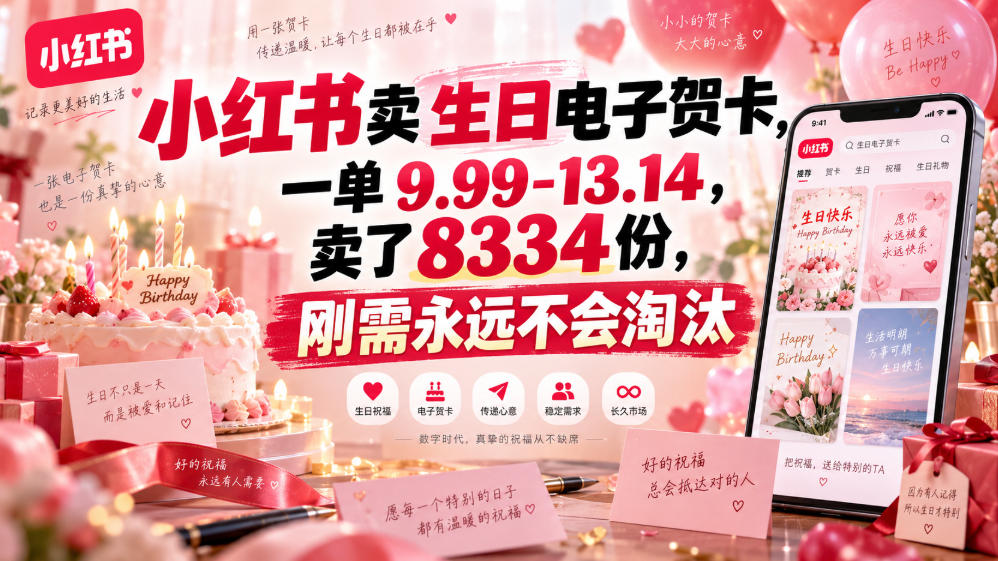 小红书卖生日电子贺卡，一单9.99-13.14，卖了8334份，刚需永远不会淘汰-777网创网