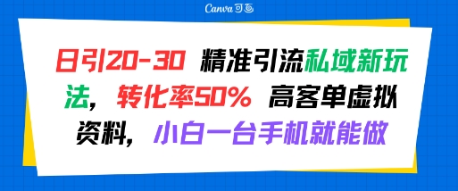 日引 20-30 精准引流私域新玩法,转化率50% 高客单虚拟资料,小白一台手机就能做-777网创网