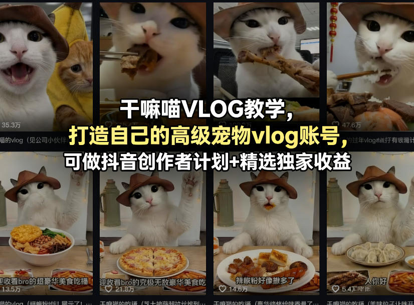 干嘛喵VLOG教学,打造自己的高级宠物vlog账号,可做抖音创作者计划+精选独家收益