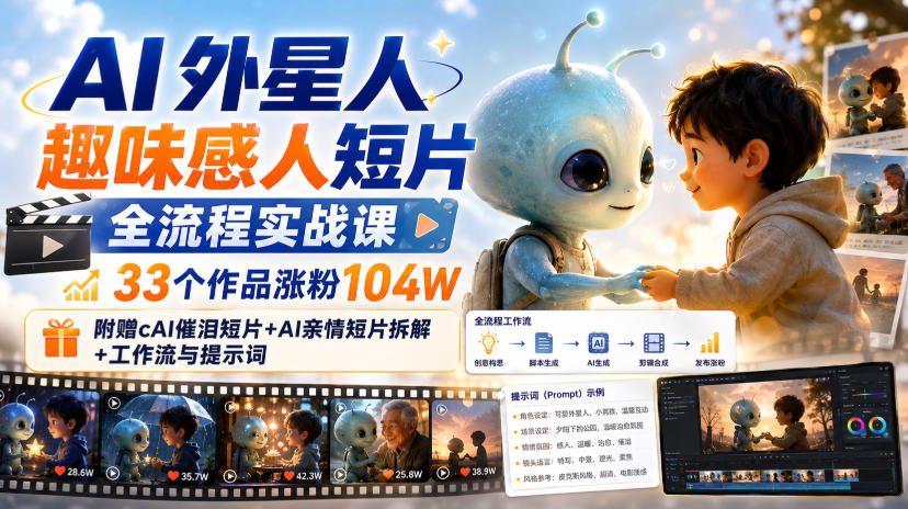 AI外星人趣味感人短片全流程实战课，33个作品涨粉104W，附赠AI催泪短片+AI亲情短片拆解+工作流与提示词-777网创网