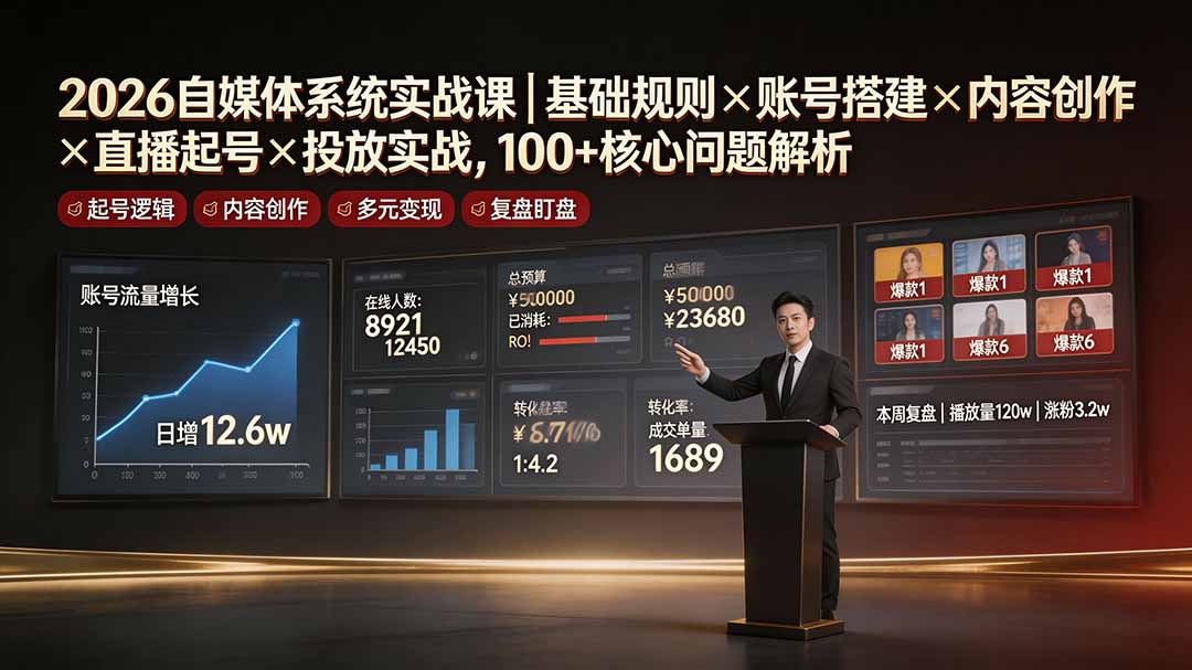 2026自媒体系统实战课｜基础规则×账号搭建×内容创作×直播起号×投放实战，100+核心问题解析-777网创网