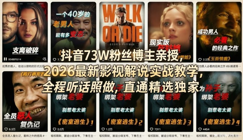 抖音73W粉丝博主亲授,2026最新影视解说实战教学,全程听话照做,直通精选独家