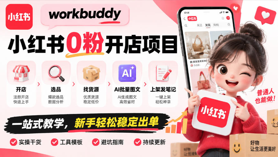 workbuddy小红书0粉开店项目,开店、选品、找货源、AI批量图文、上架发笔记一站式教学,新手轻松稳定出单-777网创网