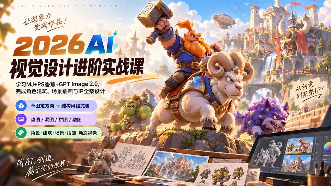 (20852期)2026AI视觉设计进阶实战课-更新1007:学习MJ+PS香蕉+GPT Image 2.0,完成角色建筑、场景插画与IP全案设计-777网创网