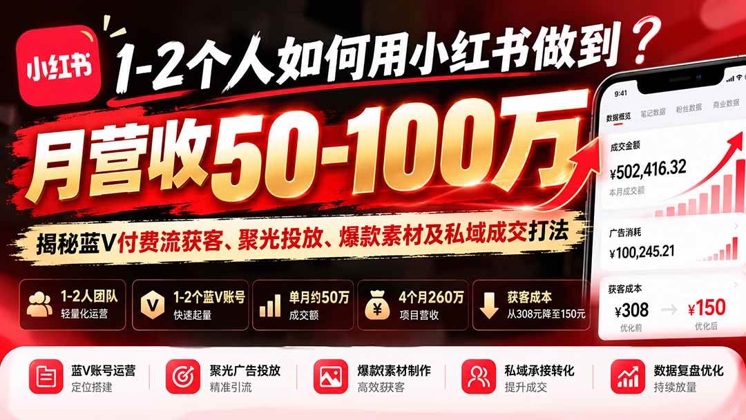 （20939期）1-2个人如何用小红书做到月营收50-100万？揭秘蓝V付费流获客、聚光投放、爆款素材及私域成交打法-777网创网