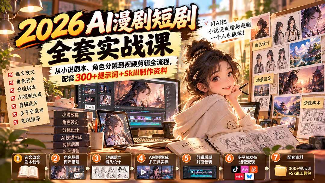 （20629期）2026AI漫剧短剧全套实战课：从小说剧本、角色分镜到视频剪辑全流程，配套300+提示词+Skill制作资料-777网创网