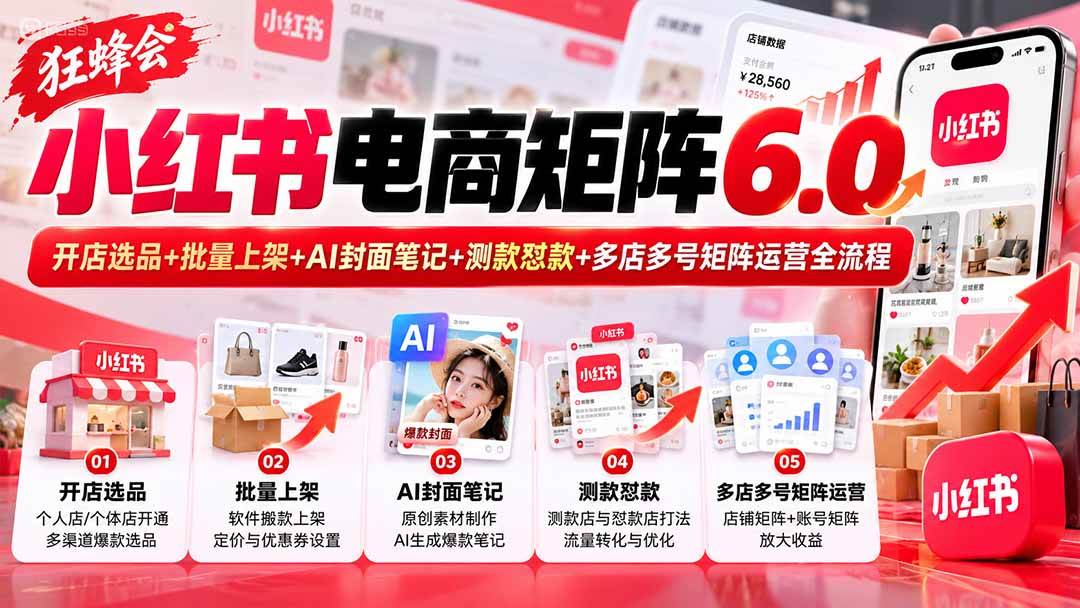 (20732期)【无水印】狂蜂会小红书电商矩阵6.0:开店选品+批量上架+AI封面笔记+测款怼款+多店多号矩阵运营全流程-777网创网