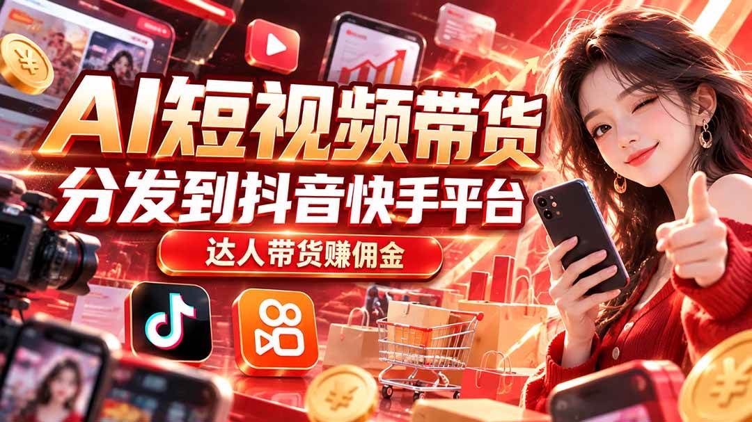 (20754期)【AI短视频带货】分发到抖音快手平台,达人带货赚佣金-777网创网