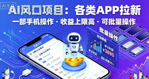 AI风口项目,各类APP拉新,一部手机就可以操作,收益上限高,可批量操作