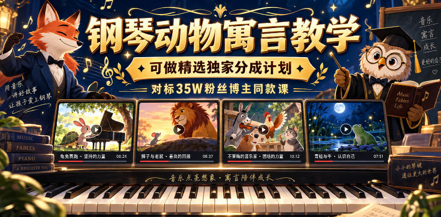 钢琴动物寓言教学，可做精选独家分成计划，对标35W粉丝博主同款课 9月抖音全新精选赛道玩法，10w粉丝博主的动漫钢琴短视频制作教学，制作简单，小白也能轻松解锁抖音精选收益-777网创网