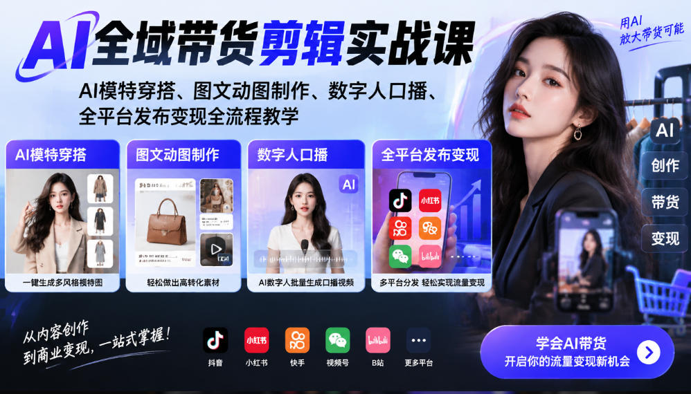 AI全域带货剪辑实战课|AI模特穿搭、图文动图制作、数字人口播、全平台发布变现全流程教学-777网创网
