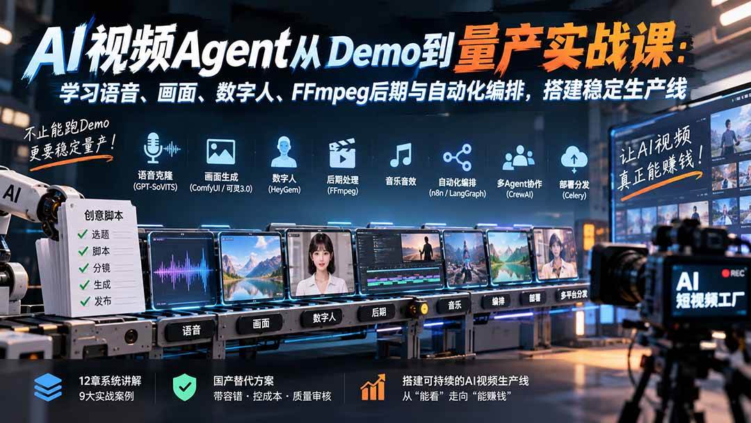 (20451期)AI视频Agent从Demo到量产实战课:学习语音、画面、数字人、FFmpeg后期与自动化编排,搭建稳定生产线-777网创网