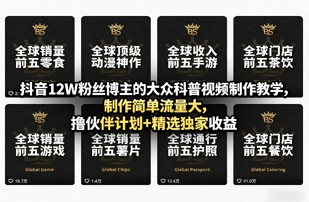 抖音12W粉丝博主的大众科普视频制作教学，制作简单流量大，撸伙伴计划+精选独家收益-777网创网
