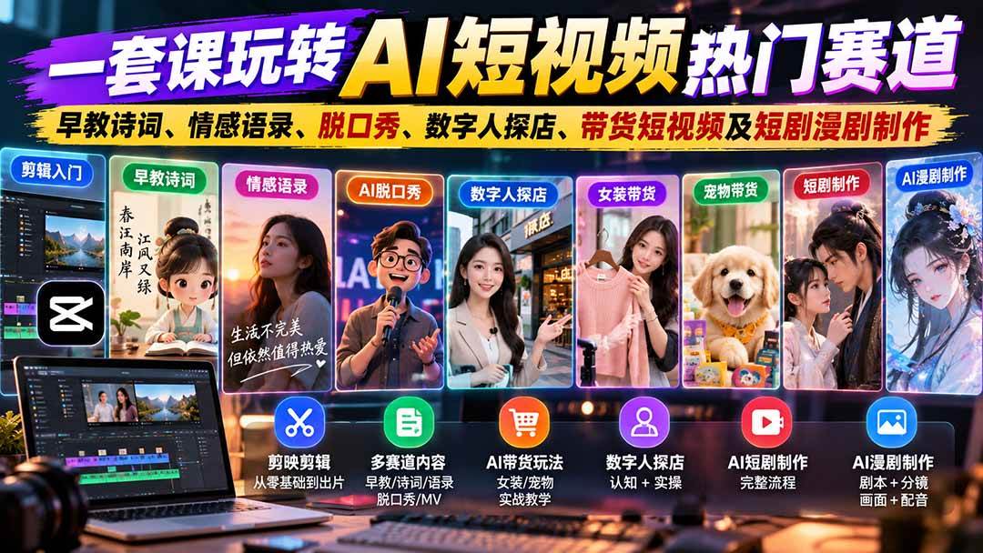 (20964期)一套课玩转AI短视频热门赛道:早教诗词、情感语录、脱口秀、数字人探店、带货短视频及短剧漫剧制作 复制标题-777网创网