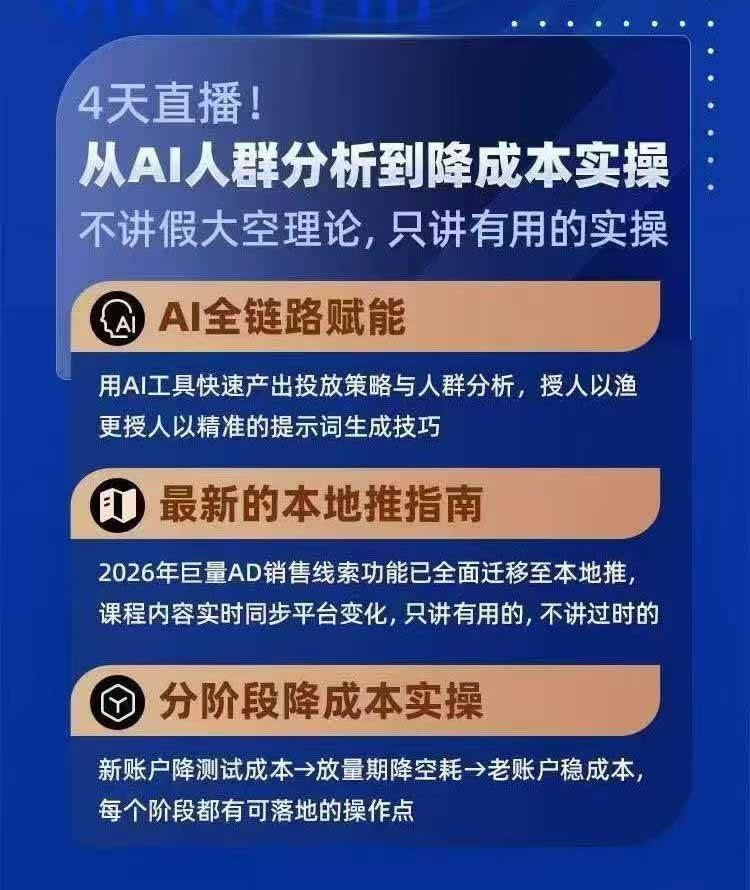 (21003期)2026巨量AD本地推线索获客全流程实战课-33期:AI人群分析、账户搭建、7天测试、分阶段降本与投放优化-777网创网