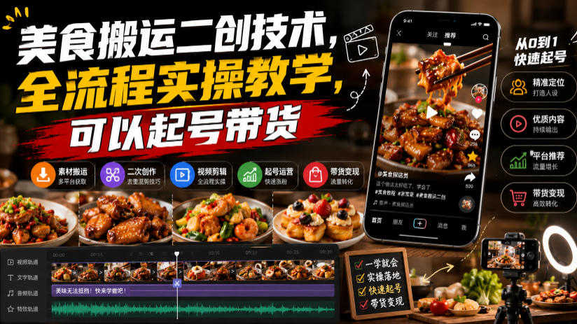 美食搬运二创技术，全流程实操教学，可以起号带货-777网创网
