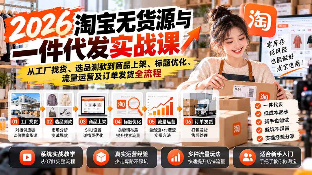 (20903期)2026淘宝无货源与一件代发实战课:从工厂找货、选品测款到商品上架、标题优化、流量运营及订单发货全流程-777网创网