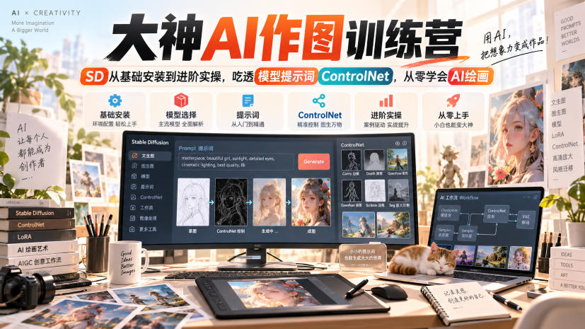 大神AI作图训练营,SD从基础安装到进阶实操,吃透模型提示词ControlNet,从零学会AI绘画-777网创网