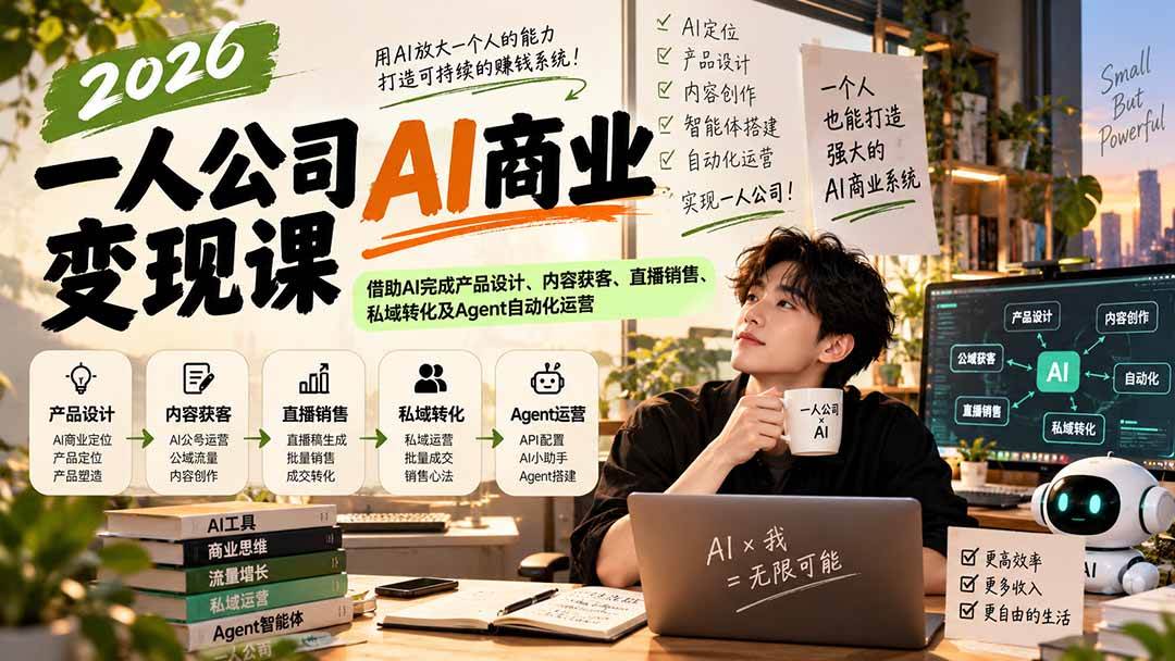 (20901期)2026一人公司AI商业变现课:借助AI完成产品设计、内容获客、直播销售、私域转化及Agent自动化运营-777网创网