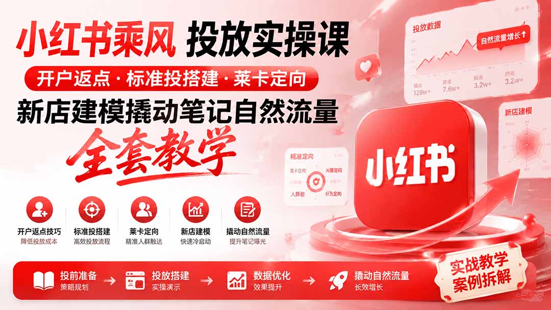 小红书乘风投放-100分钟实操课｜开户返点·标准投搭建·莱卡定向，新店建模撬动笔记自然流量全套教学-777网创网