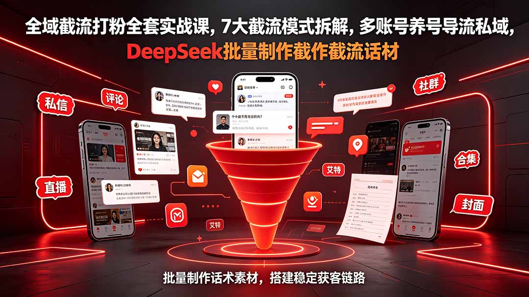 全域截流打粉全套实战课,7大截流模式拆解,多账号养号导流私域,DeepSeek批量制作截流话术素材-777网创网