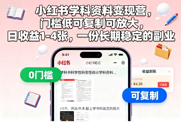 小红书学科资料变现营,门槛低可复制可放大,日收益1-4张,一份长期稳定的副业