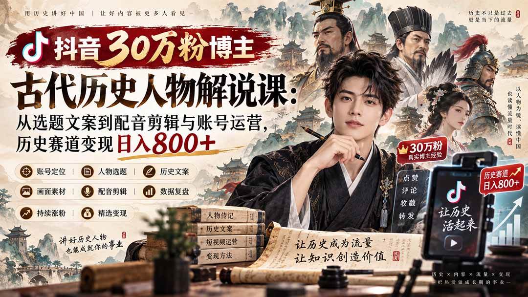 (20441期)抖音30万粉博主古代历史人物解说课:从选题文案到配音剪辑与账号运营,历史赛道变现日入800+-777网创网