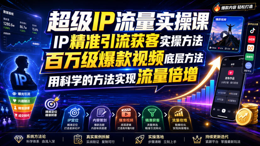 超级IP流量实操课，IP精准引流获客实操方法，百万级爆款视频底层方法，用科学的方法实现流量倍增-777网创网