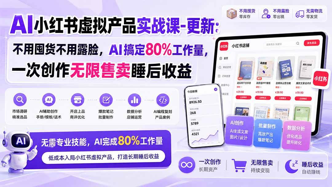 （20311期）AI小红书虚拟产品实战课-更新：不用囤货不用露脸，AI搞定80%工作量，一次创作无限售卖睡后收益-777网创网