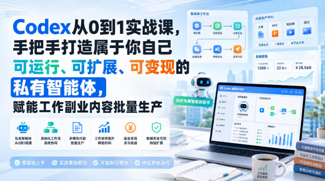 Codex从0到1实战课,手把手打造属于你自己可运行、可扩展、可变现的私有智能体,赋能工作副业内容批量生产-777网创网