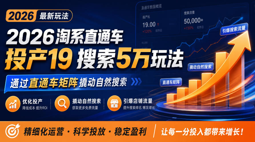 2026淘系直通车投产19搜索5万玩法,通过直通车矩阵撬动自然搜索,帮助商家优化投产,引爆店铺搜索流量-777网创网