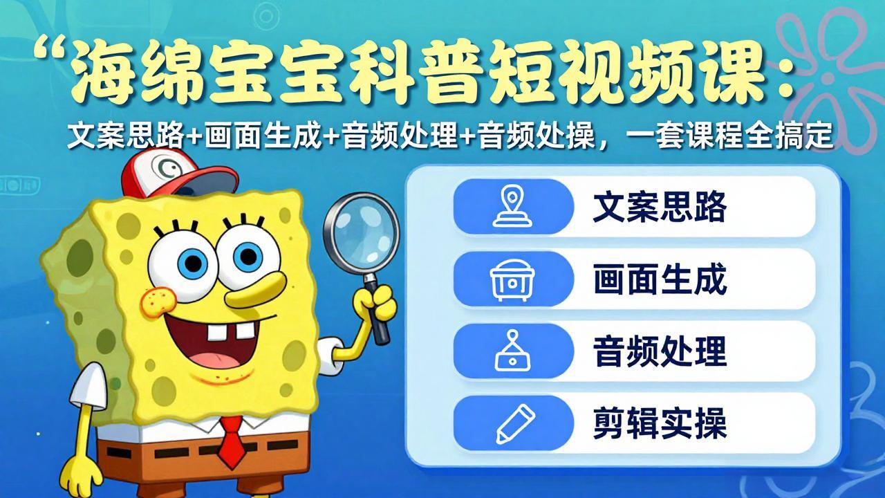 海绵宝宝科普短视频课:文案思路+画面生成+音频处理+剪辑实操,一套课程全搞定-777网创网
