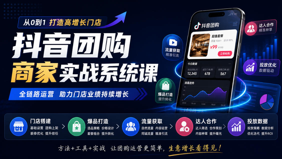 抖音团购商家实战系统课｜门店搭建、爆品打造、流量获取、达人合作、投放数据全链路运营-777网创网