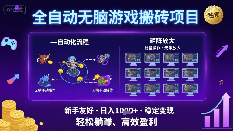 全自动无脑游戏搬砖项目,独家玩法,可批量矩阵无限放大,新手也能轻松日入1k+【揭秘】