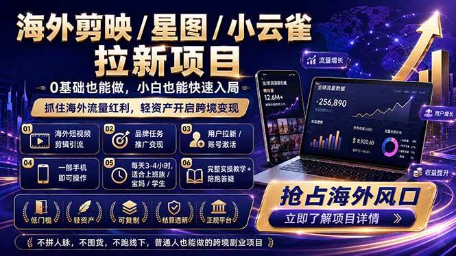 （18567期）海外剪映 / 星图 / 小云雀拉新项目 普通人也能上手的跨境流量变现副业-777网创网