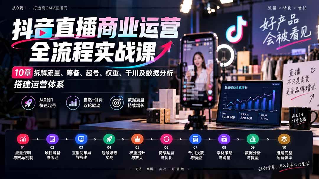 (20407期)抖音直播商业运营全流程实战课:10章拆解流量、筹备、起号、权重、千川及数据分析,搭建运营体系-777网创网