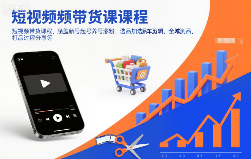 短视频带货课程,涵盖新号起号养号涨粉,选品加选品车剪辑,全域测品,打品过程分享等