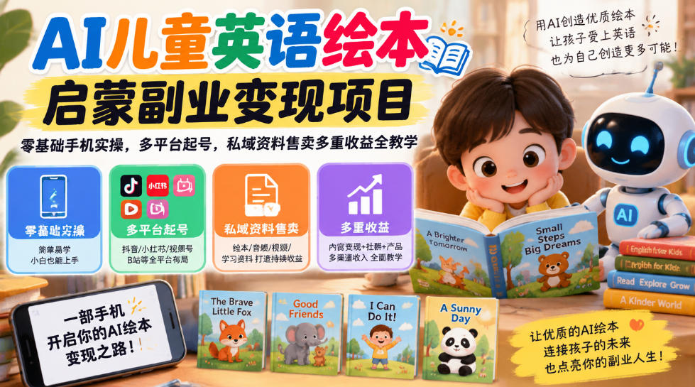 AI儿童英语绘本启蒙副业变现项目,零基础手机实操,多平台起号,私域资料售卖多重收益全教学-777网创网