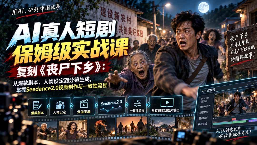 (20360期)AI真人短剧保姆级实战课,复刻《丧尸下乡》:从爆款剧本、人物设定到分镜生成,掌握Seedance2.0视频制作与一致性流程-777网创网