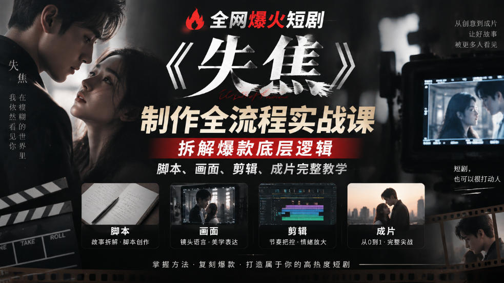 全网爆火短剧《失焦》制作全流程实战课｜拆解爆款底层逻辑，脚本、画面、剪辑、成片完整教学-777网创网