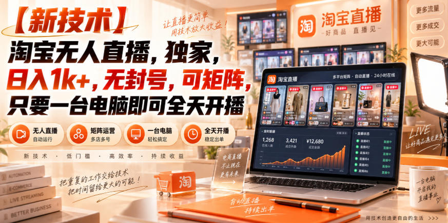 【独家新技术】淘宝无人直播，日入1k+，无封号，可矩阵，只要一台电脑即可全天开播【揭秘】-777网创网