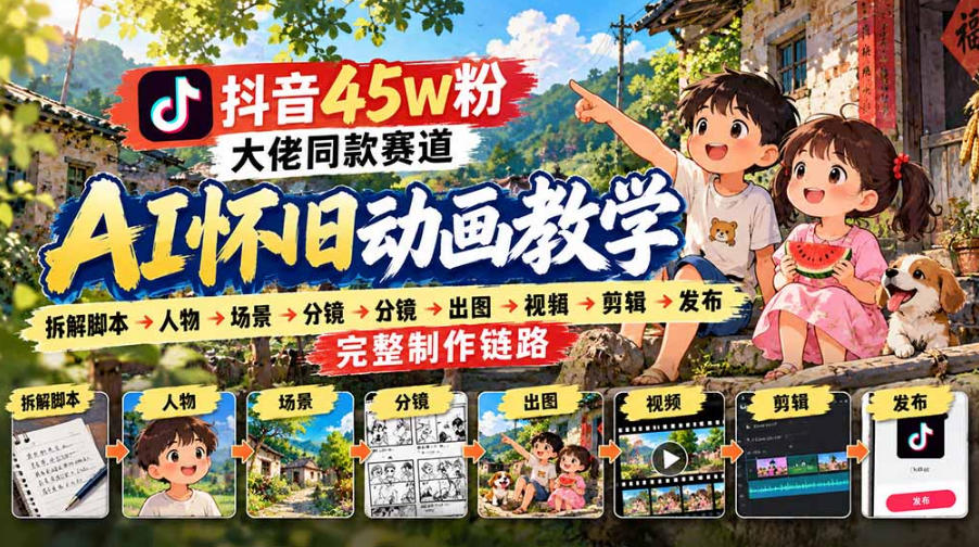 抖音45W粉大佬同款赛道AI怀旧动画实战课:拆解脚本→人物→场景→分镜→出图→视频→剪辑→发布完整制作链路-777网创网